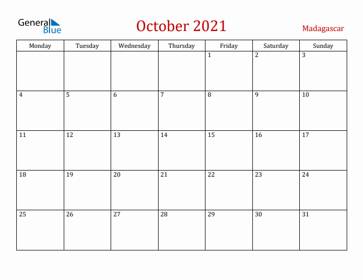 Madagascar October 2021 Calendar - Monday Start