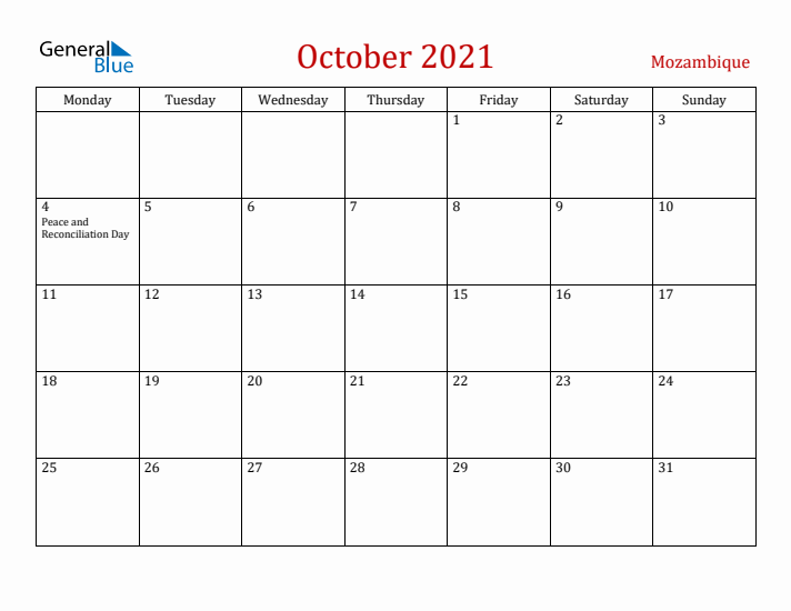 Mozambique October 2021 Calendar - Monday Start