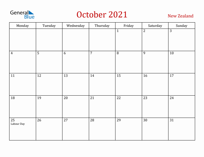 New Zealand October 2021 Calendar - Monday Start