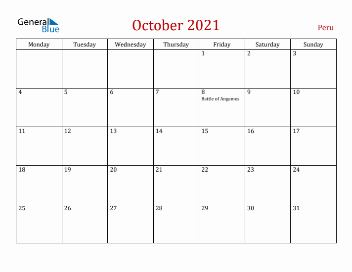 Peru October 2021 Calendar - Monday Start