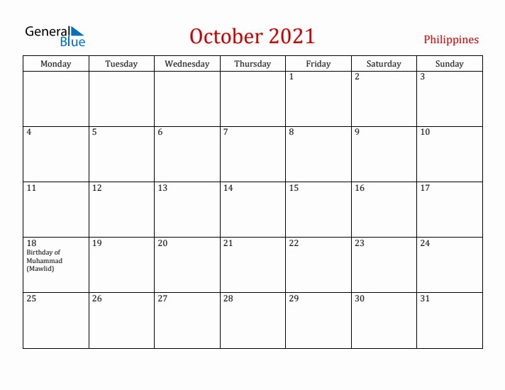 Philippines October 2021 Calendar - Monday Start