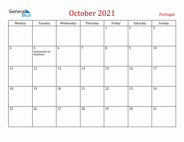 Portugal October 2021 Calendar - Monday Start