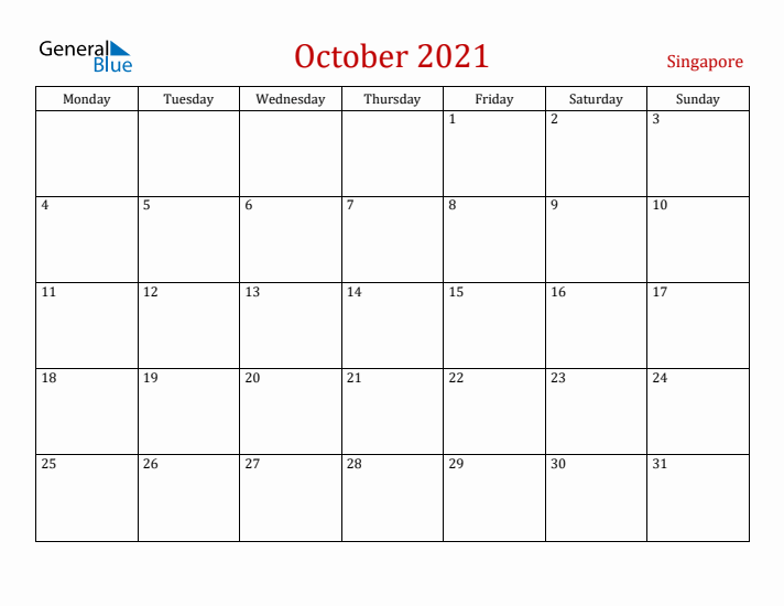 Singapore October 2021 Calendar - Monday Start