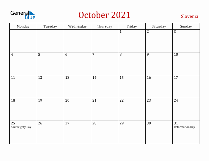 Slovenia October 2021 Calendar - Monday Start