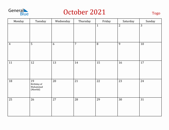Togo October 2021 Calendar - Monday Start