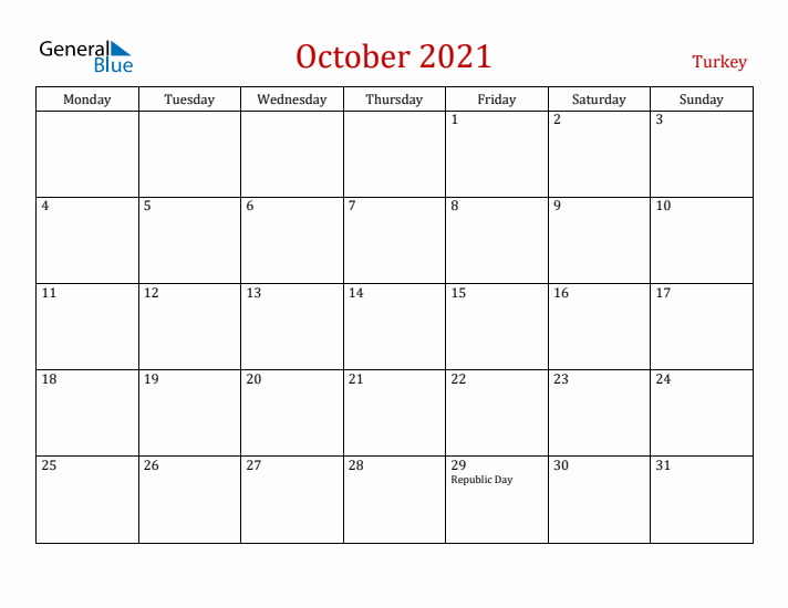Turkey October 2021 Calendar - Monday Start