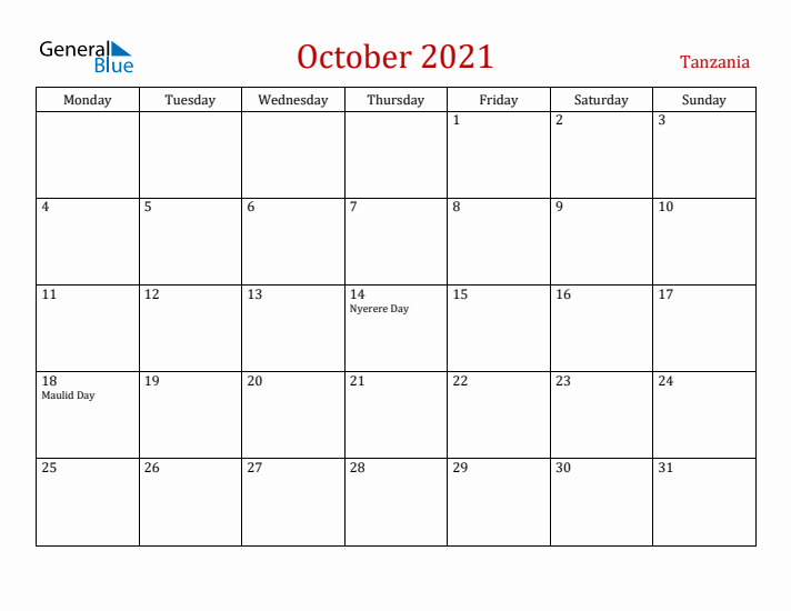 Tanzania October 2021 Calendar - Monday Start