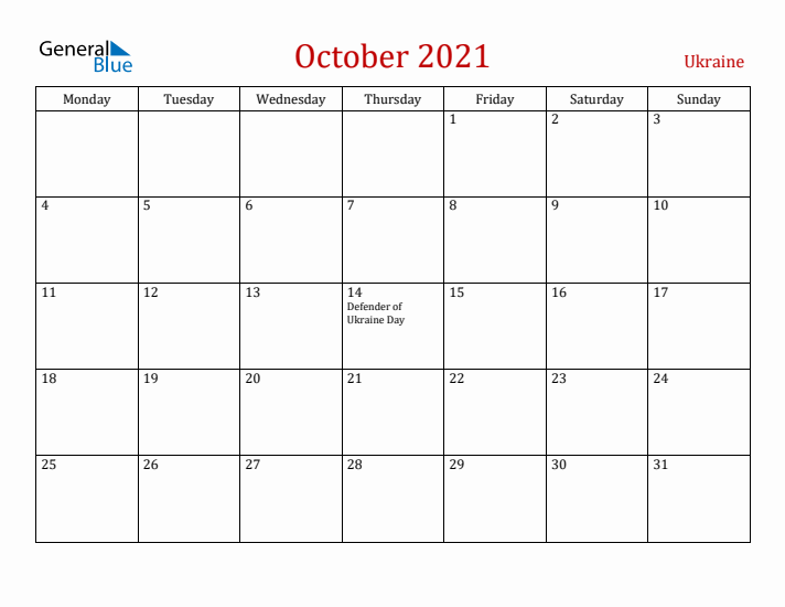 Ukraine October 2021 Calendar - Monday Start