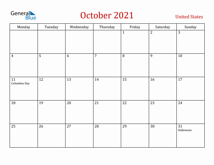 United States October 2021 Calendar - Monday Start