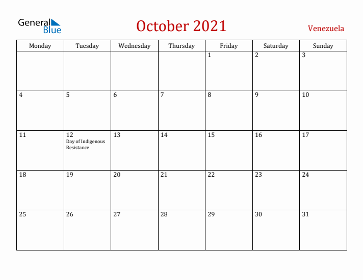Venezuela October 2021 Calendar - Monday Start