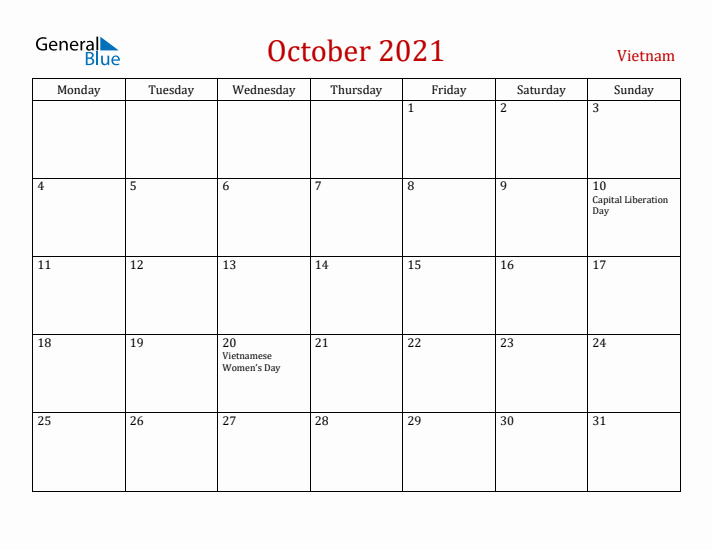 Vietnam October 2021 Calendar - Monday Start