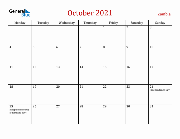 Zambia October 2021 Calendar - Monday Start