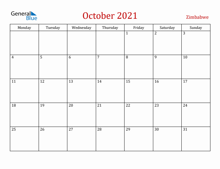 Zimbabwe October 2021 Calendar - Monday Start