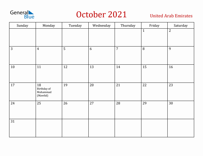 United Arab Emirates October 2021 Calendar - Sunday Start