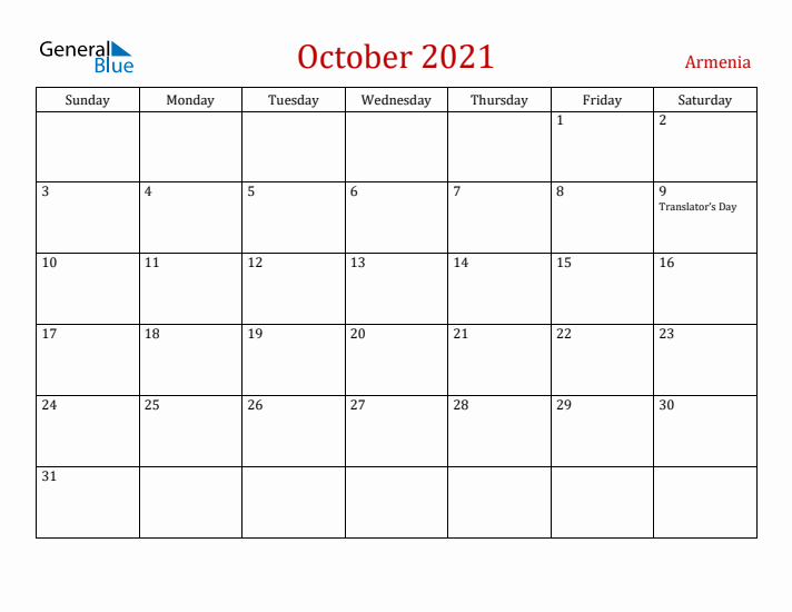 Armenia October 2021 Calendar - Sunday Start