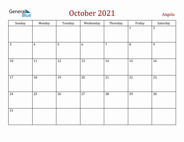 Angola October 2021 Calendar - Sunday Start