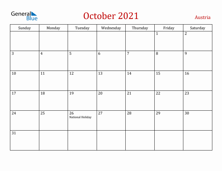 Austria October 2021 Calendar - Sunday Start