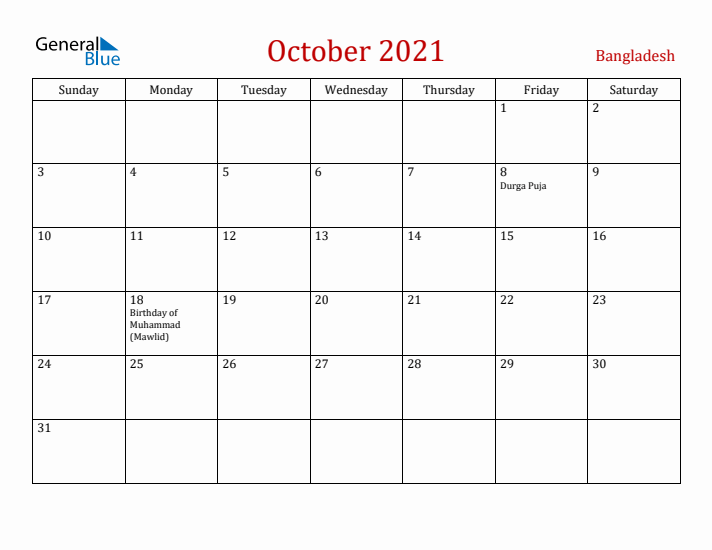 Bangladesh October 2021 Calendar - Sunday Start