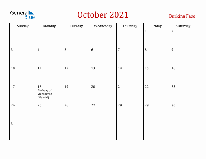 Burkina Faso October 2021 Calendar - Sunday Start