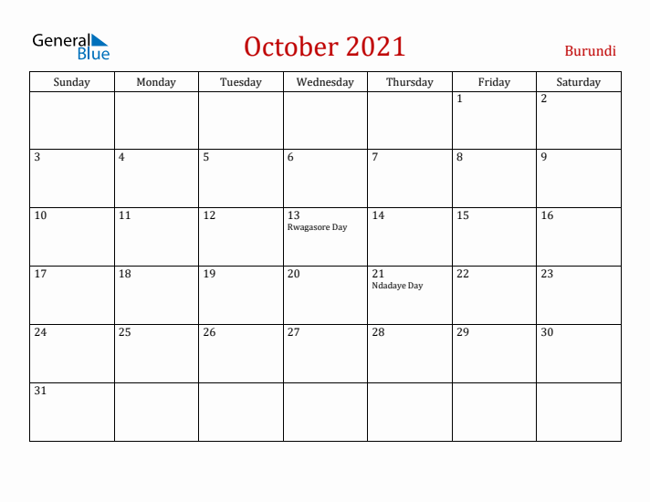 Burundi October 2021 Calendar - Sunday Start