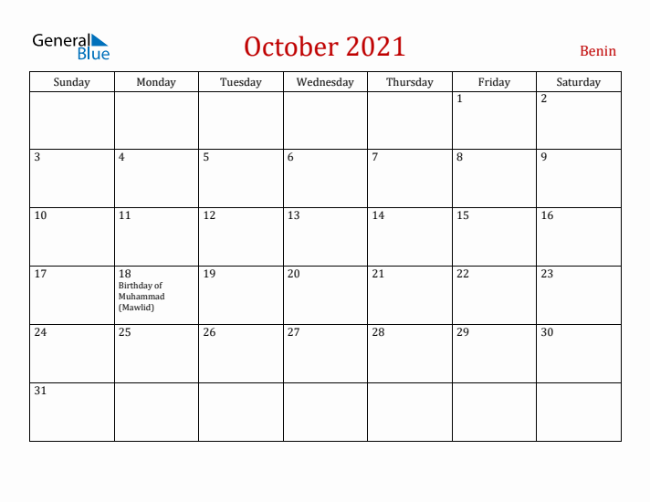 Benin October 2021 Calendar - Sunday Start