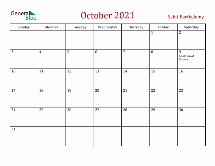 Saint Barthelemy October 2021 Calendar - Sunday Start