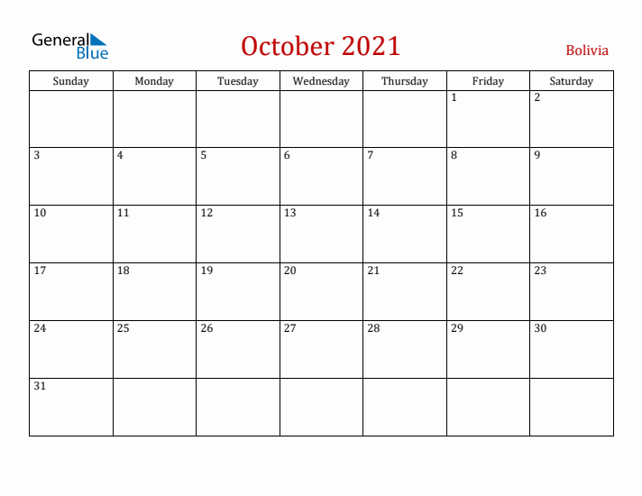 Bolivia October 2021 Calendar - Sunday Start