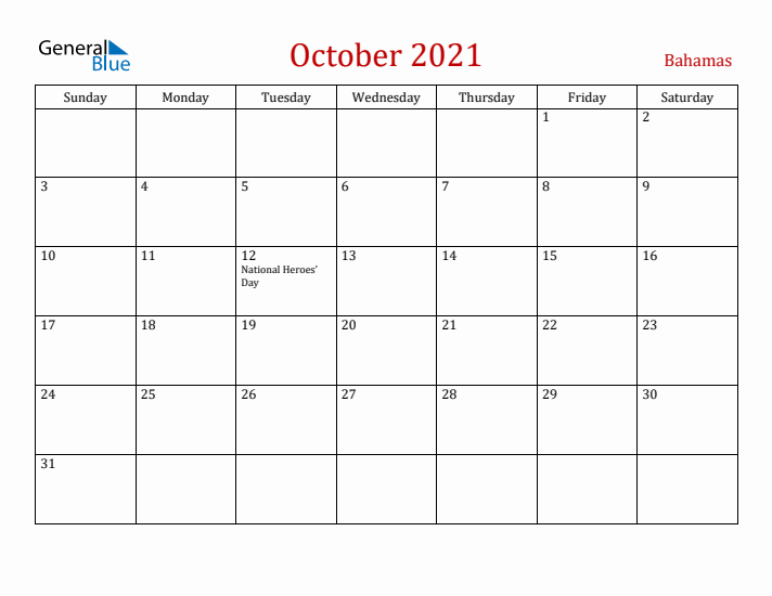Bahamas October 2021 Calendar - Sunday Start