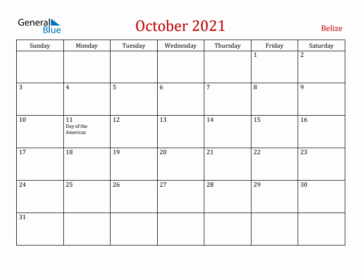 Belize October 2021 Calendar - Sunday Start