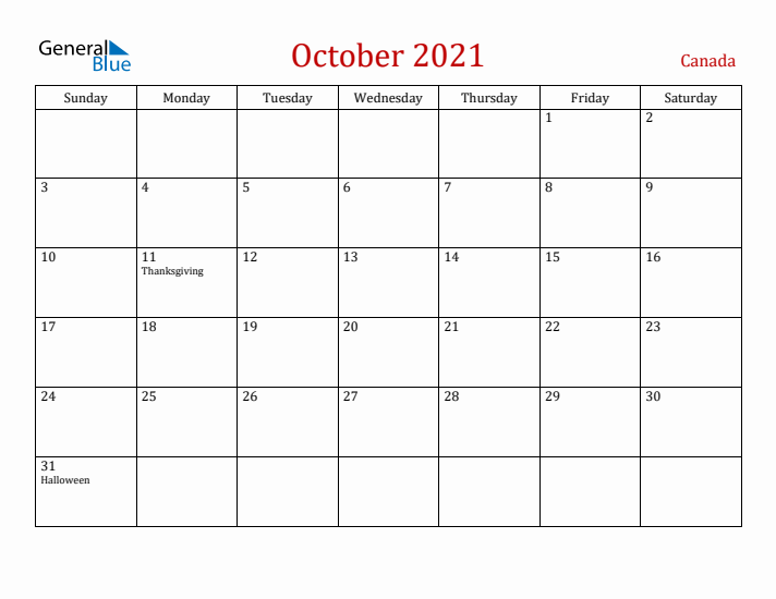 Canada October 2021 Calendar - Sunday Start