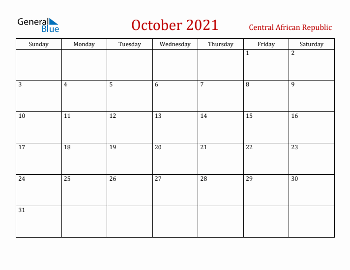 Central African Republic October 2021 Calendar - Sunday Start