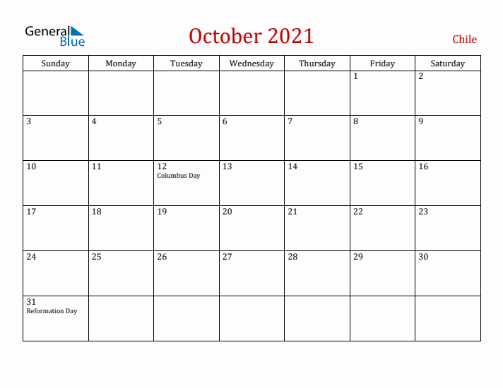 Chile October 2021 Calendar - Sunday Start