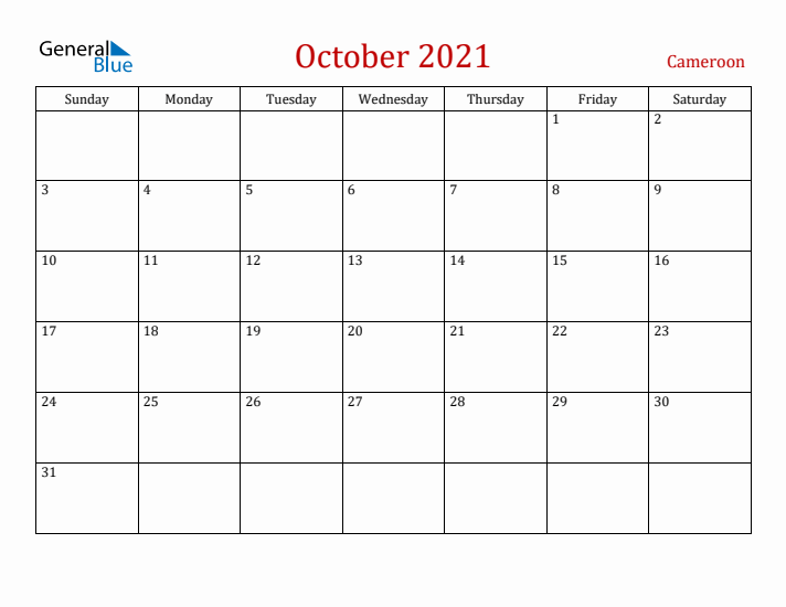 Cameroon October 2021 Calendar - Sunday Start