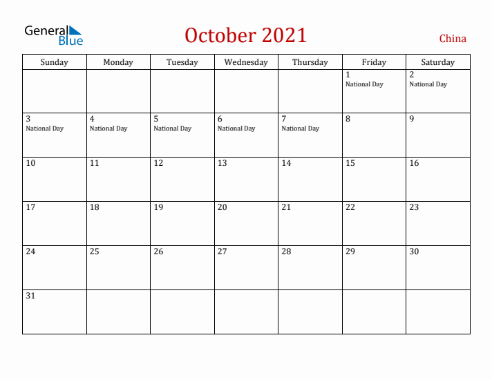 China October 2021 Calendar - Sunday Start