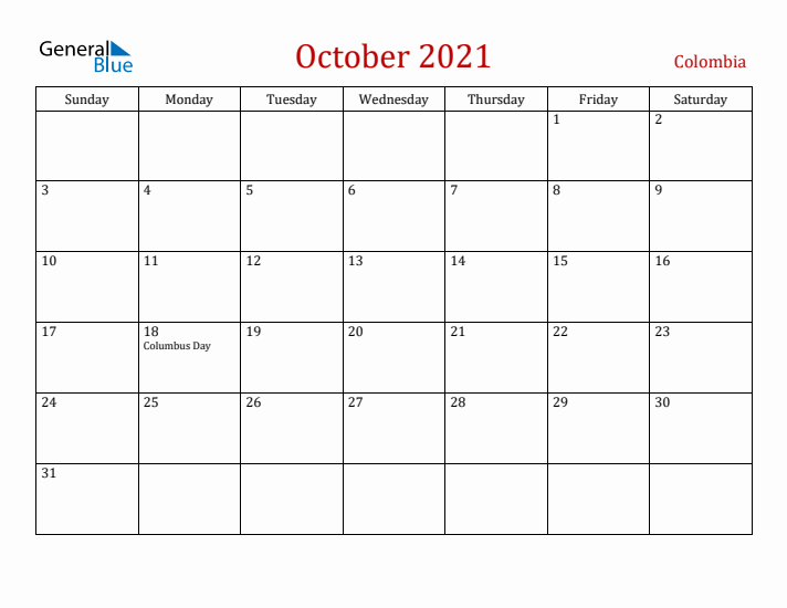 Colombia October 2021 Calendar - Sunday Start