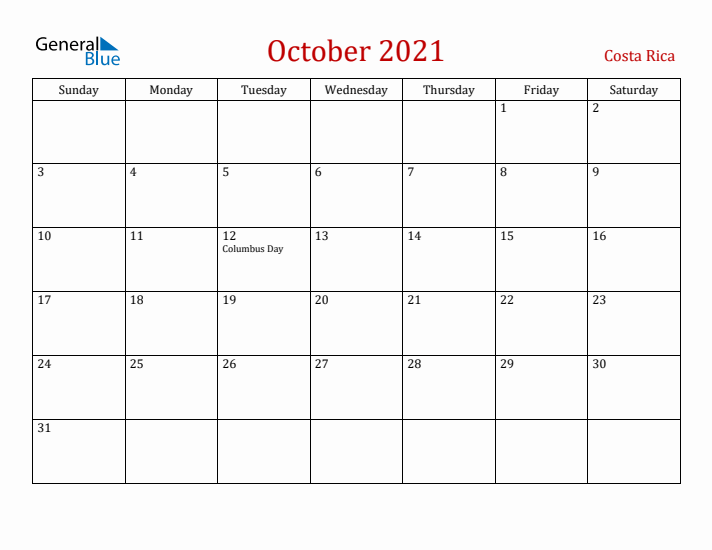 Costa Rica October 2021 Calendar - Sunday Start