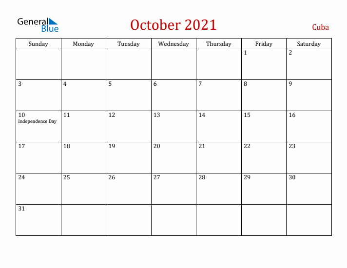 Cuba October 2021 Calendar - Sunday Start