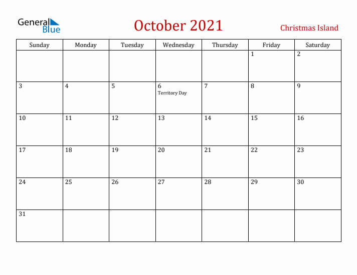 Christmas Island October 2021 Calendar - Sunday Start