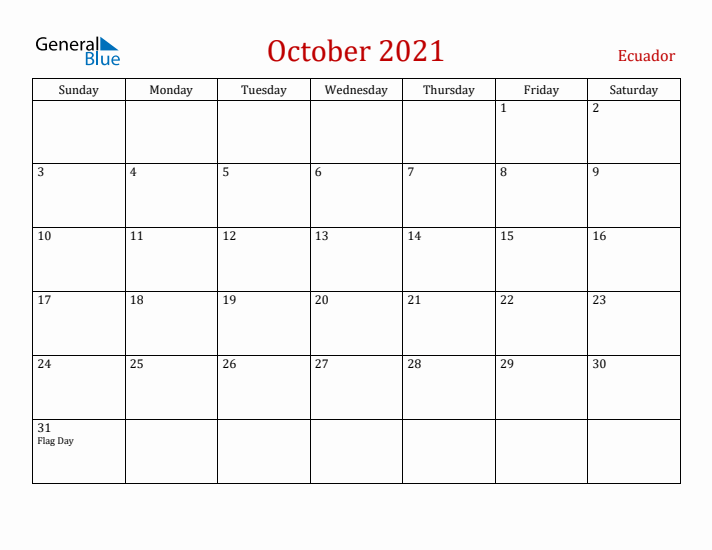 Ecuador October 2021 Calendar - Sunday Start