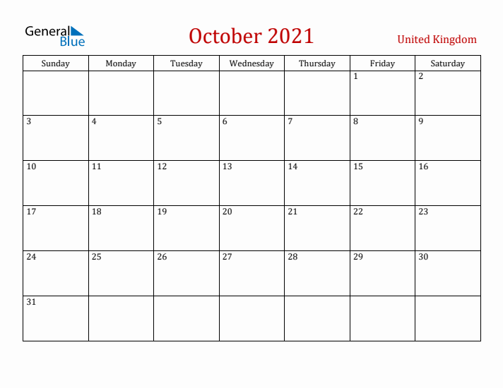 United Kingdom October 2021 Calendar - Sunday Start