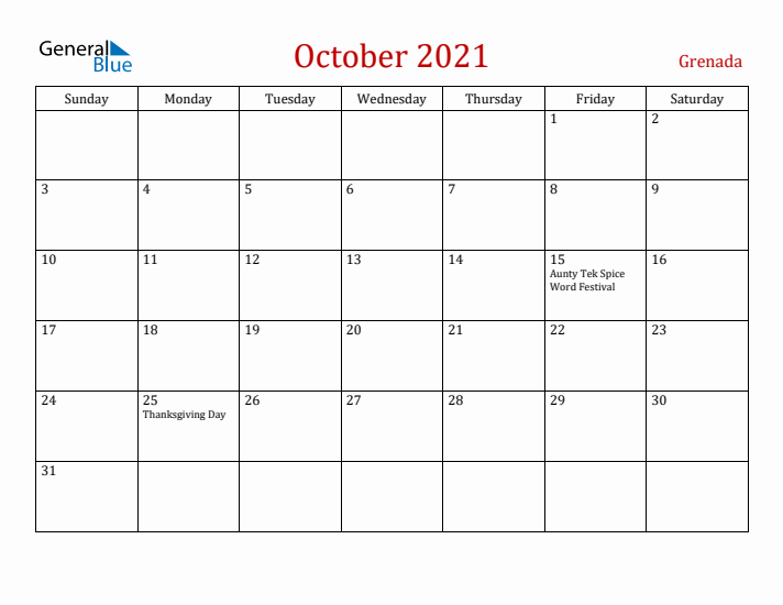 Grenada October 2021 Calendar - Sunday Start