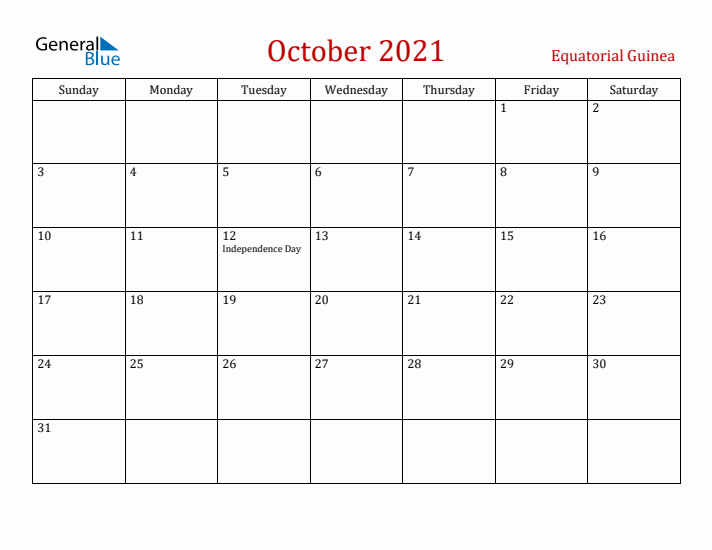 Equatorial Guinea October 2021 Calendar - Sunday Start