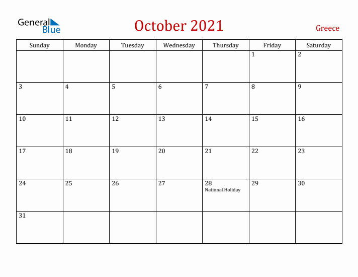 Greece October 2021 Calendar - Sunday Start