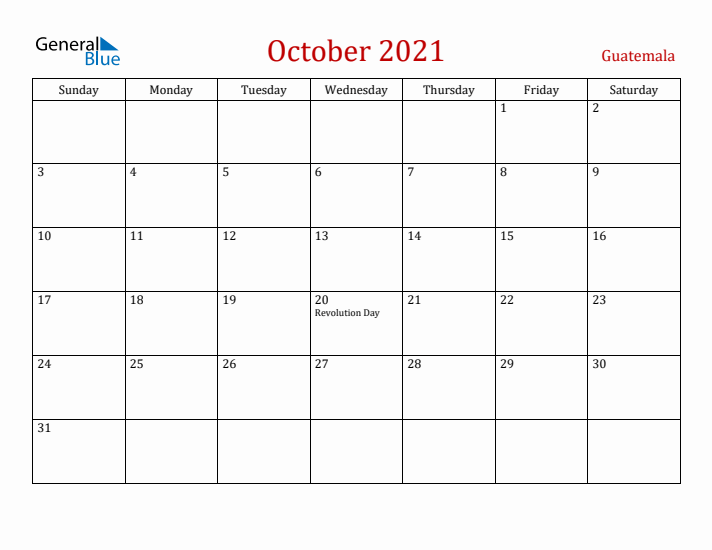 Guatemala October 2021 Calendar - Sunday Start