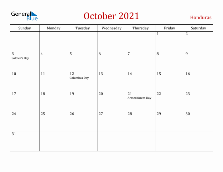 Honduras October 2021 Calendar - Sunday Start