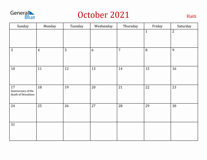 Haiti October 2021 Calendar - Sunday Start