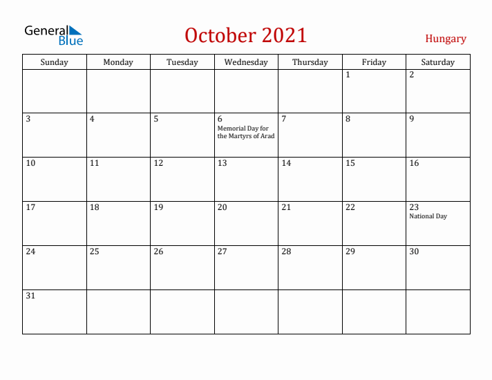 Hungary October 2021 Calendar - Sunday Start