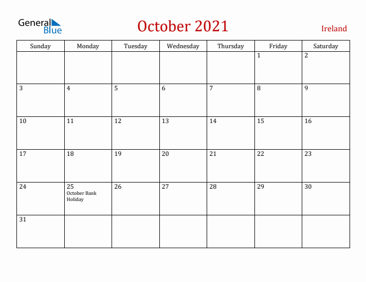 Ireland October 2021 Calendar - Sunday Start