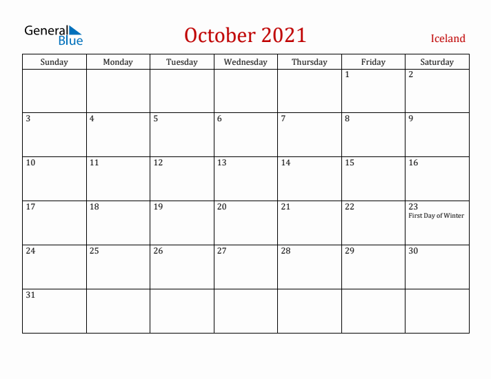 Iceland October 2021 Calendar - Sunday Start