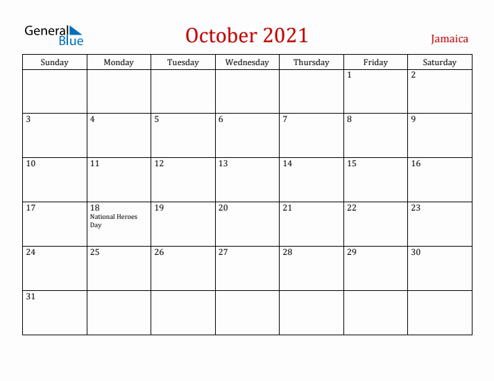 Jamaica October 2021 Calendar - Sunday Start